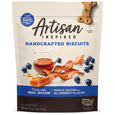 Artisan inspired maple back andd blueberry dog biscuits packaging front